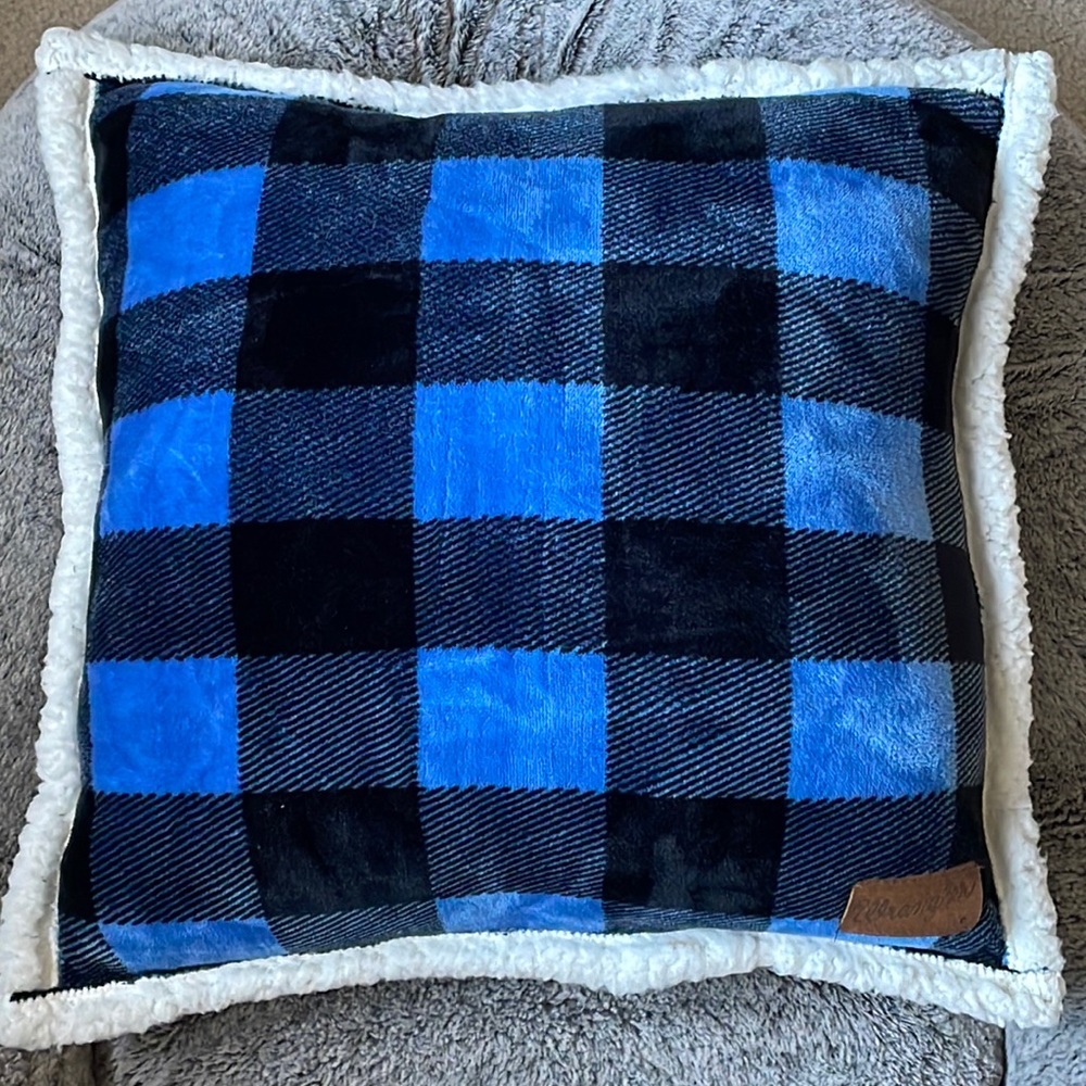 Wrangler Blue Buffalo Plaid Shearling Pillow 18x18”